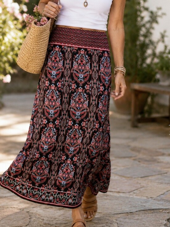 J. Jill Dresses & Skirts - J. Jill Boho Medallion Maxi Skirt Rayon Stretch Pull On Black Pink M Resortwear